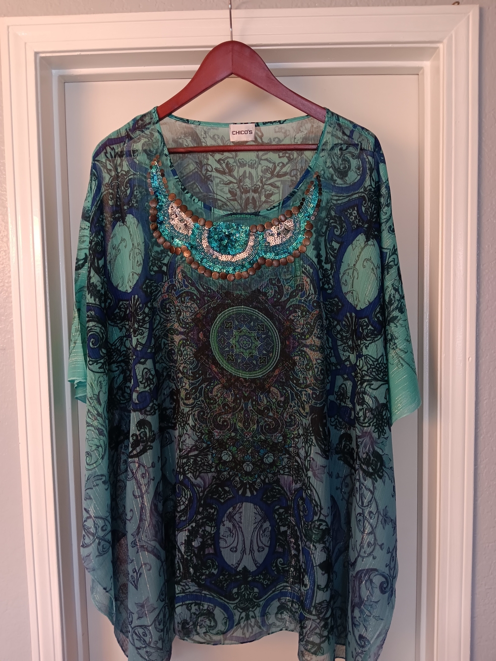 Chico's Teal & Navy Beaded Scoop Neck Sheer Tunic Top